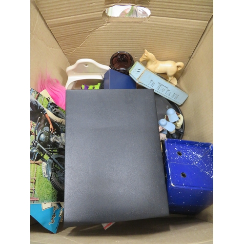 345 - Box of ornaments, dolls, records etc