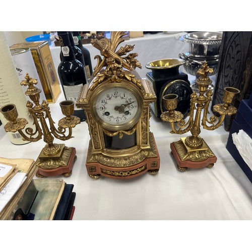 226 - Late 19thC French Three Piece Ormolu and Marble Mantel Clock Garniture With Painted White Enamel Dia... 