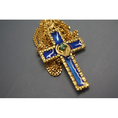 313 - 18ct gold chain with enamel decorated cross with emerald to centre, cross not hallmarked, total weig... 