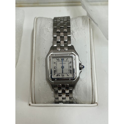 347 - Cartier ladies stainless steel tank wristwatch with cabochon sapphire to crown, number 607963UF, com... 