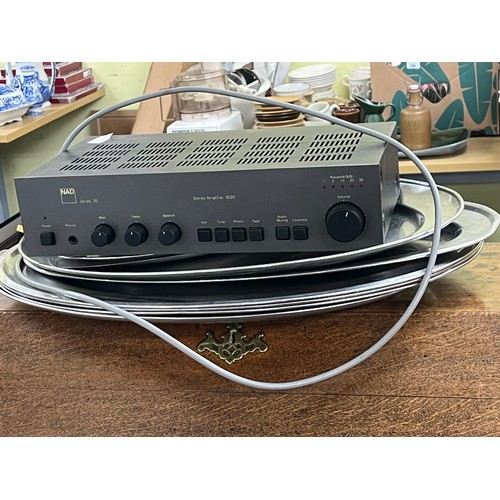 349 - Collection of Stainless steel meat trays and a NAD Amplifier