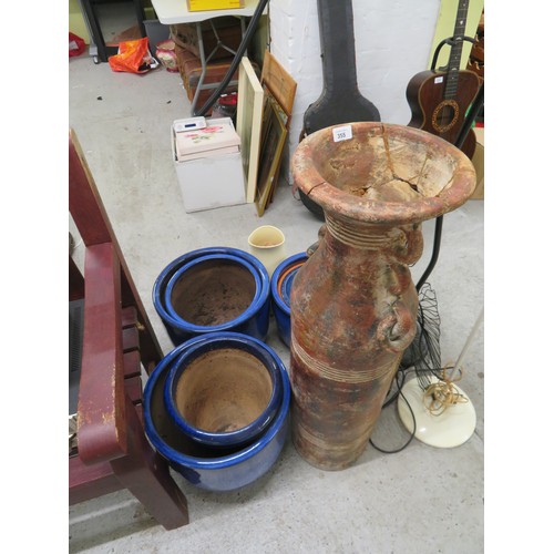 355 - Collection of mostly blue ceramic garden pots, plus a tall terracotta pot