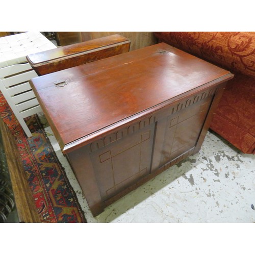 358 - Dark stained paneled blanket box, together with a small drop leaf table and a storage box with conte... 
