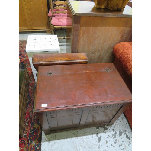 358 - Dark stained paneled blanket box, together with a small drop leaf table and a storage box with conte... 