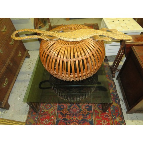 359 - Glass top coffee table, wicker stool and a wall carving