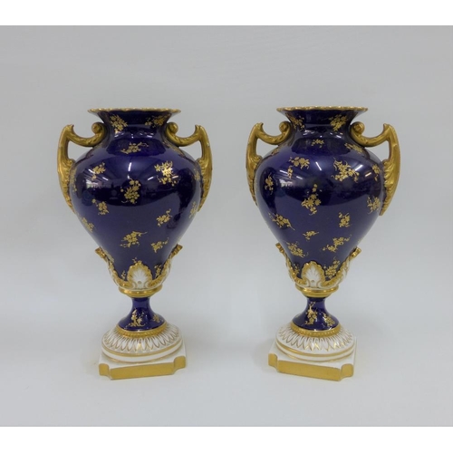 109 - A pair of Royal Worcester vases with gilt twin handles and hand painted fruit panels, signed Hawkins... 