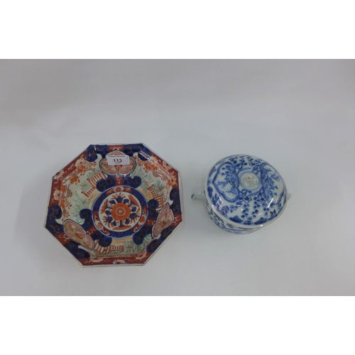 113 - A Chinese octagonal Imari bowl, 20cm wide together with a blue and white bowl and cover, 17cm (2)