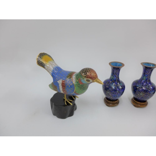 120 - Two cloisonne birds and a pair of miniature cloisonne vases, tallest 10cm