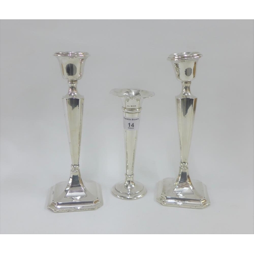 14 - George V pair of silver candlesticks, Chester 1915 (weighted - one a/f)  together with an Edwardian ... 