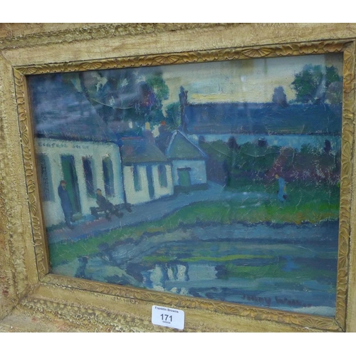 171 - 20th century Scottish School  Village with Painted Houses,  Oil on board, signed indistinctly, in gl... 