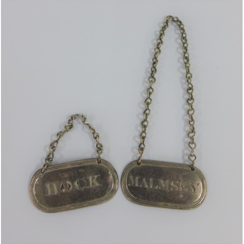 18 - Malmsey & Hock white metal decanter labels, 4.5cm (2)