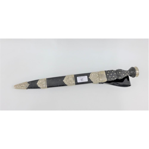 57 - Scottish dirk with white metal mounts, lattice grip handle and crown finial, 44cm long
