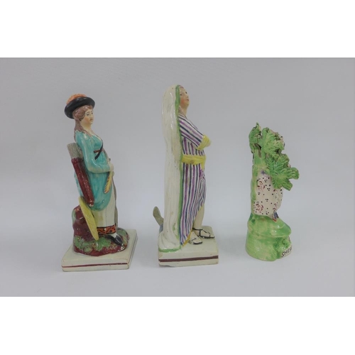 87 - A group of three late 18th / early 19th century Staffordshire figures to include Shepherdess, etc  t... 