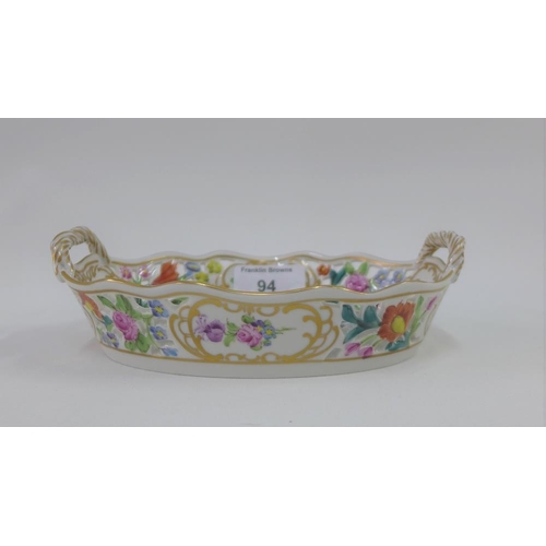 94 - Dresden porcelain oval reticulated basket, with hand painted floral sprays and gilt edged rim, print... 