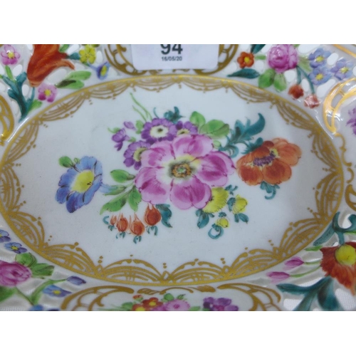 94 - Dresden porcelain oval reticulated basket, with hand painted floral sprays and gilt edged rim, print... 