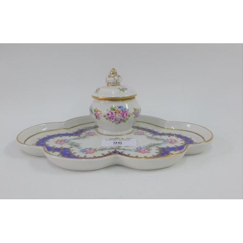 96 - Dresden porcelain inkwell with floral garland pattern, printed backstamp, 21 cm wide