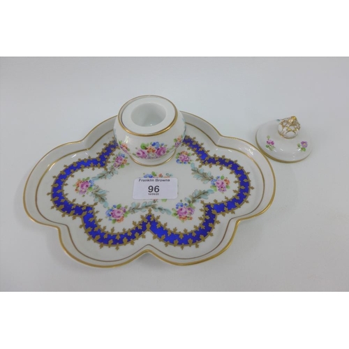 96 - Dresden porcelain inkwell with floral garland pattern, printed backstamp, 21 cm wide