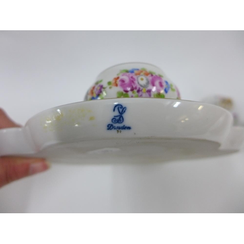 96 - Dresden porcelain inkwell with floral garland pattern, printed backstamp, 21 cm wide