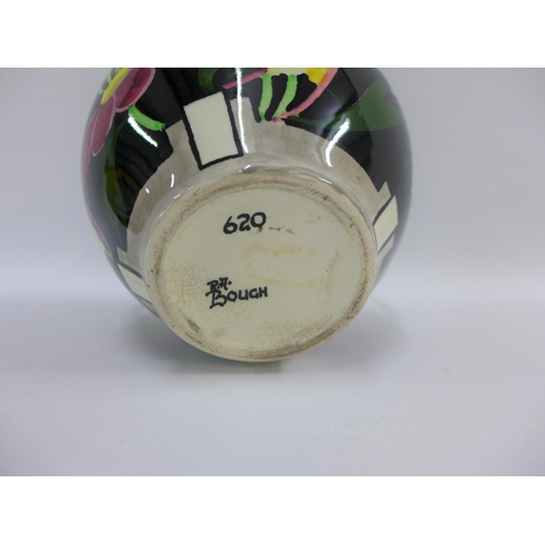 100 - Bough Scottish pottery twin handled vase hand painted with stylised flowers to a black ground, numbe... 