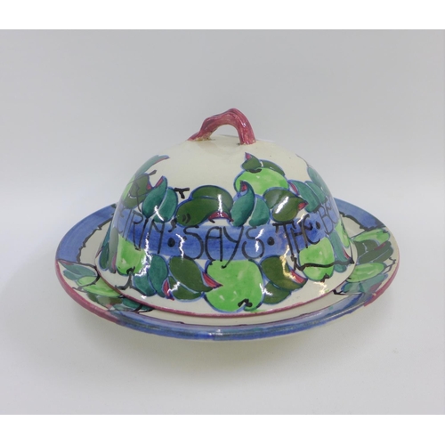 104 - Bough Scottish pottery muffin dish and cover with handpainted motto 'the Beggar wife ta me its gey a... 