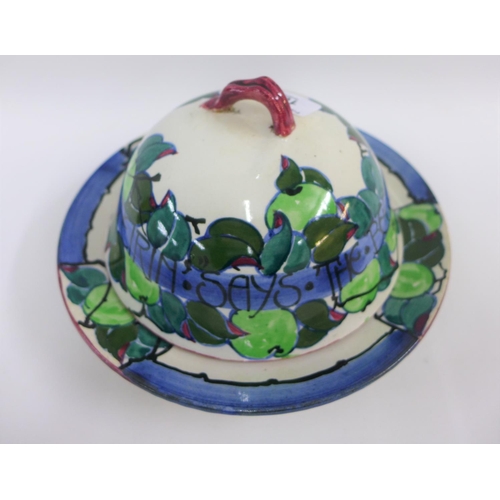 104 - Bough Scottish pottery muffin dish and cover with handpainted motto 'the Beggar wife ta me its gey a... 