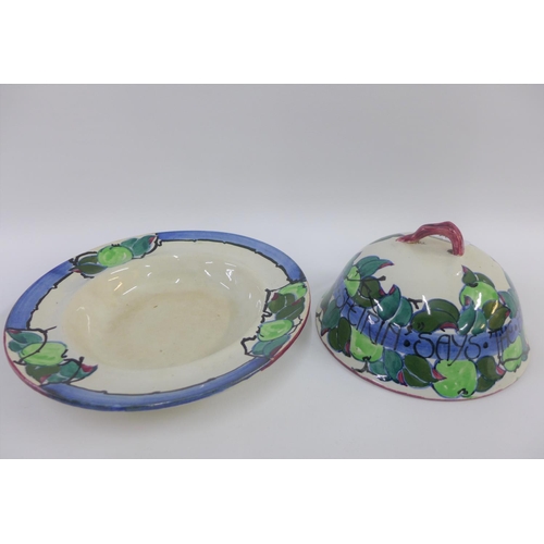 104 - Bough Scottish pottery muffin dish and cover with handpainted motto 'the Beggar wife ta me its gey a... 