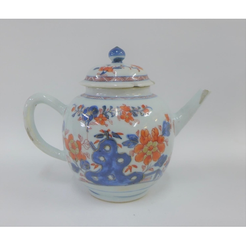 107 - Chinese Imari porcelain teapot and cover, typically painted with flowers and foliage, 14cm high (a/f... 