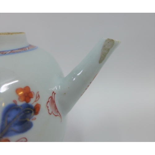 107 - Chinese Imari porcelain teapot and cover, typically painted with flowers and foliage, 14cm high (a/f... 