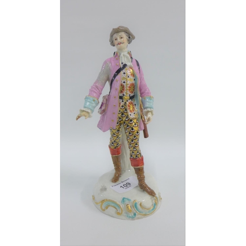109 - 19th century gold Anchor porcelain figure of a gent, modelled standing with a gun over his shoulder,... 