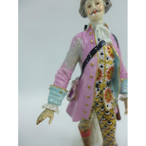109 - 19th century gold Anchor porcelain figure of a gent, modelled standing with a gun over his shoulder,... 
