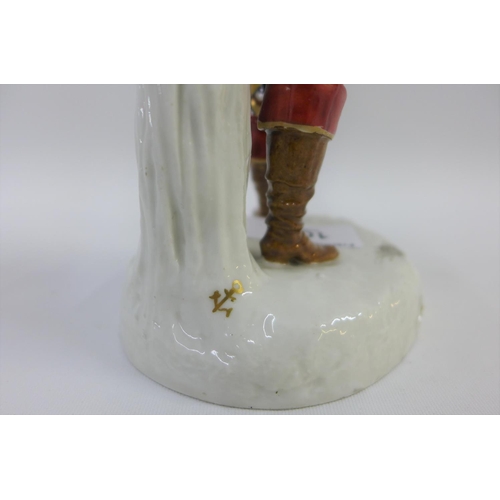 109 - 19th century gold Anchor porcelain figure of a gent, modelled standing with a gun over his shoulder,... 