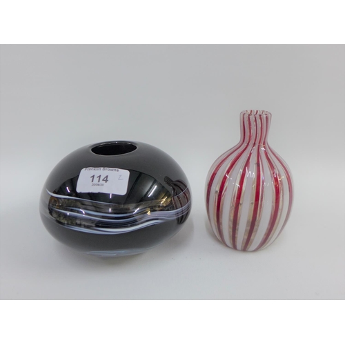 114 - A contemporary art glass vase, signed with monogram and dated '15,  together with a red and white gl... 