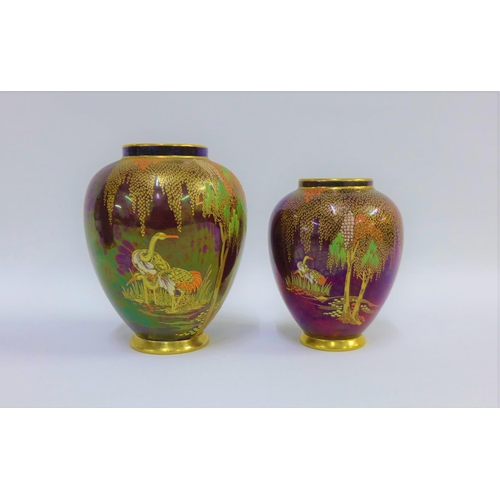 67 - Two Carlton Ware Weeping Willow patterned Rouge Royale vases, tallest 13cm