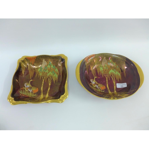 71 - Two Carlton Ware Weeping Willow patterned Rouge Royale bowls, one square the other oval, with printe... 