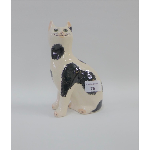 75 - Griselda Hill black and white glazed Wemyss style cat, printed backstamps, 18cm high