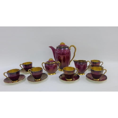 76 - Carlton Ware rouge Royale coffee set comprising coffee pot, cream jug, twin handled sugar bowl, six ... 