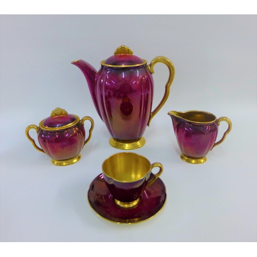 76 - Carlton Ware rouge Royale coffee set comprising coffee pot, cream jug, twin handled sugar bowl, six ... 