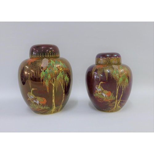 86 - Two Carlton Ware Rouge Royale Weeping Willow pattern gingers and covers, tallest 19cm (2)