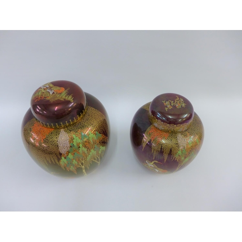 86 - Two Carlton Ware Rouge Royale Weeping Willow pattern gingers and covers, tallest 19cm (2)