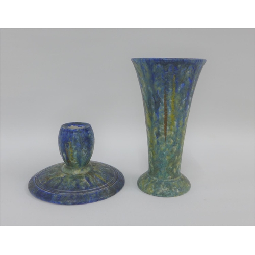 87 - Bretby pottery vase with flared rim and circular footrim together with a matching Bretby candlestick... 