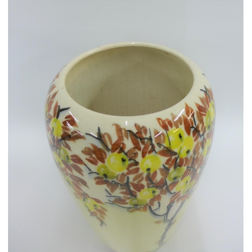95 - Bough Scottish pottery vase hand painted with fruit tree pattern by Richard Amour, 22cm high