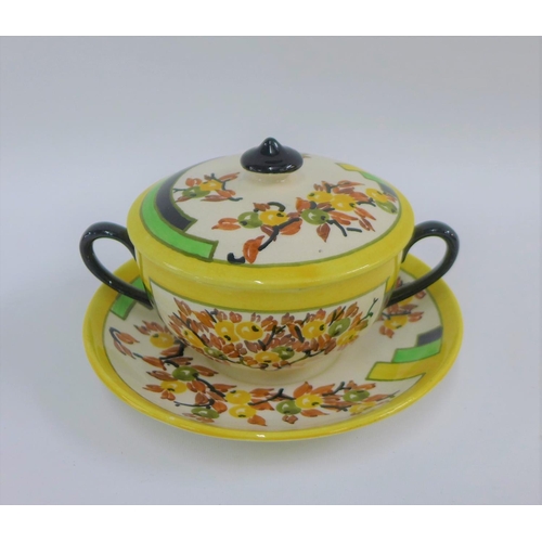 99 - Bough Scottish pottery bowl, cover and plate trio, hand painted by Richard Amour, (3)