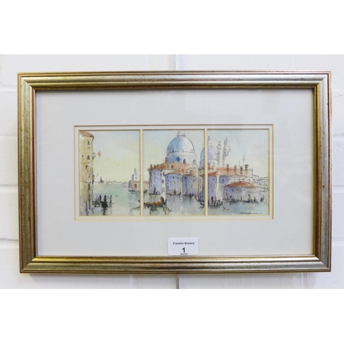 1 - P.O . Osborne, Looking Towards The Salute - Venice,  watercolour & ink,  signed, glazed  silver gilt... 