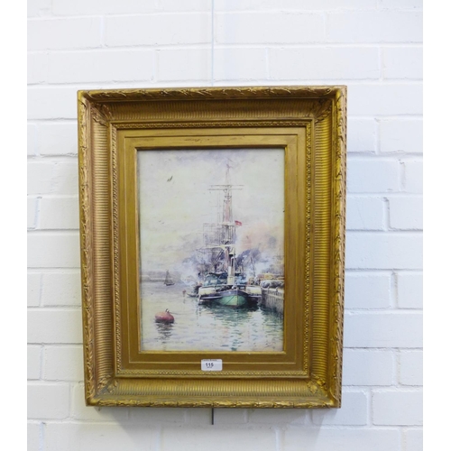 115 - William Woolard, (Scottish, fl 1883 - 1908)  Harbour Scene,  watercolour, signed,  in glazed and orn... 