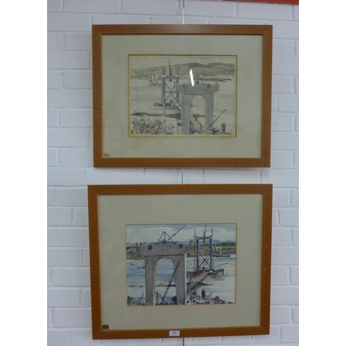 123 - Alan Ian Ronald RSW,  pair of watercolours to include Bridge Building Kincardine & Bridge Constructi... 