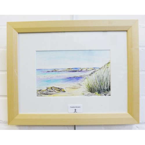 2 - Lyn Campbell Beach on Coll, watercolour & ink,  in glazed frame, 20 x 12cm