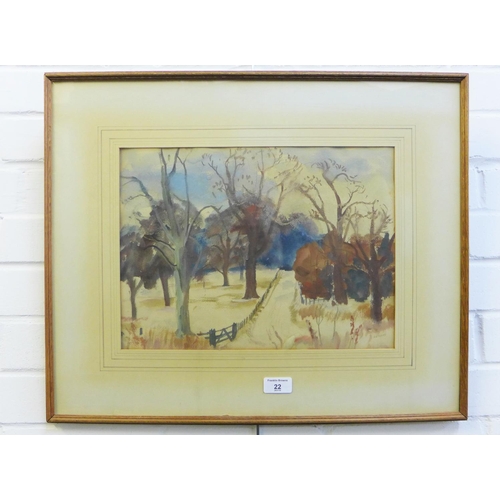 22 - Sheila Stuart,  Snow in Dalkeith Park,  watercolour, signed, in glazed frame with Aitken Dott labels... 