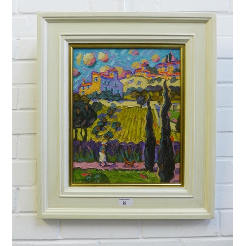 30 - Tony Gillespie,  Provencal Hillside,  oil on board, signed,  in glazed frame with Stenton Gallery ve... 