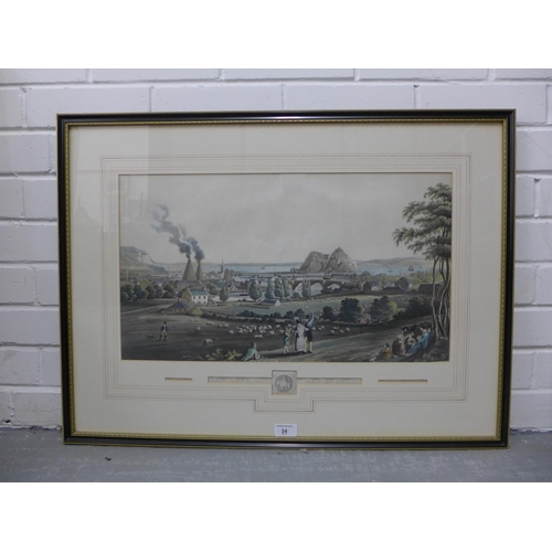 34 - The Town of Dumbarton, a coloured engraved print, in glazed frame, 60 x 40cm