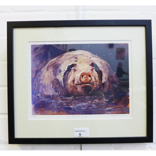 5 - Perfect Day, limited edition coloured print of a pig, No 28/50, entitled and signed indistinctly, 26... 